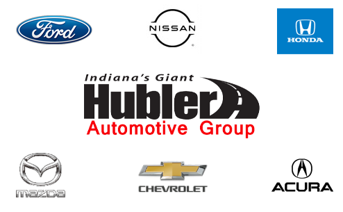 collage of car make logos and Hubler Automotive Group logo